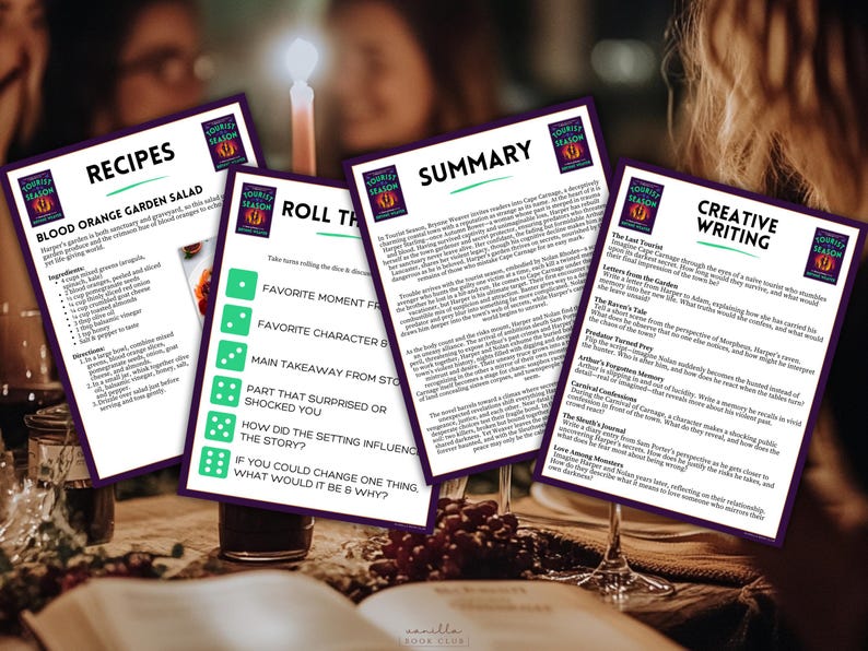May include: Four printed cards with text on a table, including recipes, a summary, creative writing prompts, and a game. The cards have a purple border and the text "Tourist Season". A lit candle and wine glasses are in the background.