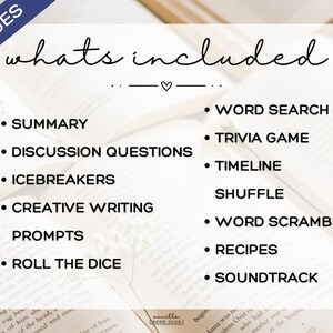 Pu&ograve; includere: Un elemento grafico bianco su sfondo di libri elenca i contenuti di una guida per il club del libro. Il testo include "Riepilogo", "Domande di discussione", "Rompeghiaccio", "Spunti di scrittura creativa" e "Tira i dadi".