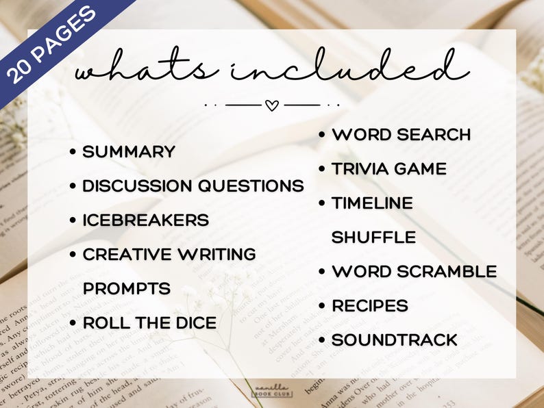 Pu&ograve; includere: Un elemento grafico bianco su sfondo di libri elenca i contenuti di una guida per il club del libro. Il testo include "Riepilogo", "Domande di discussione", "Rompeghiaccio", "Spunti di scrittura creativa" e "Tira i dadi".