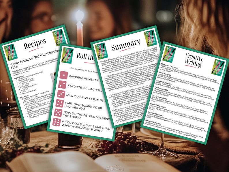 May include: Four green cards with text on a table, including recipes for "Guilty Pleasures" Red Wine Chocolate Cake, discussion prompts, and creative writing prompts. The cards are arranged around a lit candle and wine glasses.
