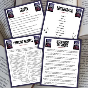 May include: Four printed cards with text and book covers are displayed. The cards include trivia questions, a soundtrack list, a timeline shuffle game, and discussion questions. The cards are purple and white.