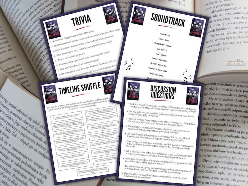 May include: Four printed cards with text and book covers are displayed. The cards include trivia questions, a soundtrack list, a timeline shuffle game, and discussion questions. The cards are purple and white.