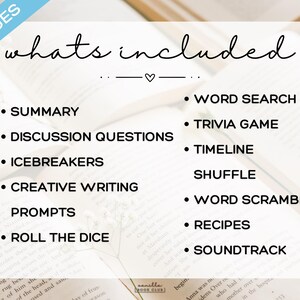 May include: A graphic listing the contents of a book club resource. The text includes "20 PAGES" in a blue banner, followed by "whats included" and bullet points for summary, discussion questions, word search, and more.