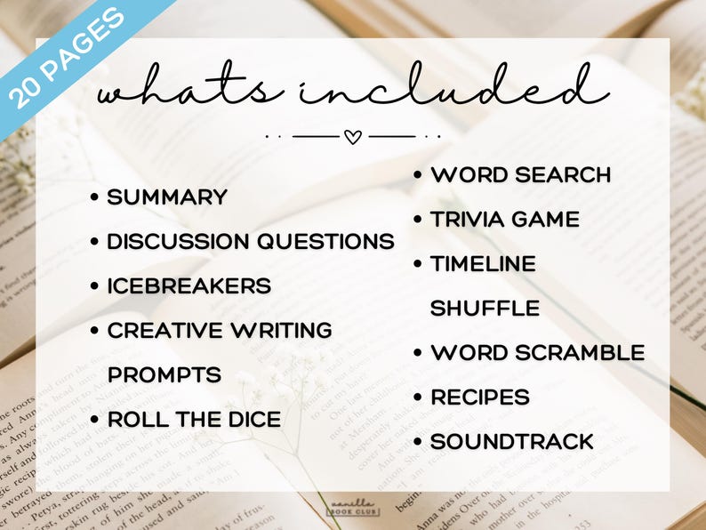 May include: A graphic listing the contents of a book club resource. The text includes "20 PAGES" in a blue banner, followed by "whats included" and bullet points for summary, discussion questions, word search, and more.