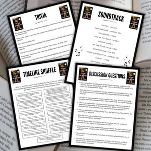 K&ouml;nnte beinhalten: Vier wei&szlig;e Karten mit Text, darunter "Trivia", "Timeline Shuffle", "Soundtrack" und "Discussion Questions", werden angezeigt. Die Karten zeigen Buchcover-Art und sind von offenen B&uuml;chern umgeben.