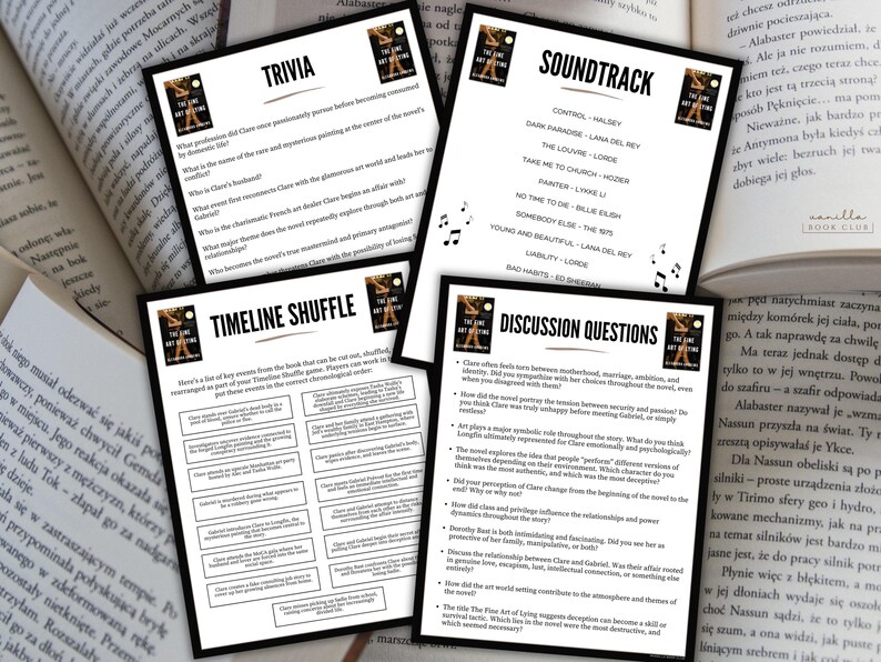 K&ouml;nnte beinhalten: Vier wei&szlig;e Karten mit Text, darunter "Trivia", "Timeline Shuffle", "Soundtrack" und "Discussion Questions", werden angezeigt. Die Karten zeigen Buchcover-Art und sind von offenen B&uuml;chern umgeben.