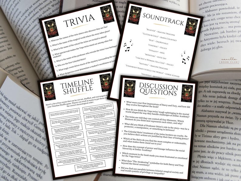 K&ouml;nnte beinhalten: Vier wei&szlig;e Karten mit schwarzem Text und einem Logo zum Thema Buch. Die Karten sind mit "Trivia", "Timeline Shuffle", "Soundtrack" und "Discussion Questions" beschriftet. Die Karten sind von offenen B&uuml;chern umgeben.