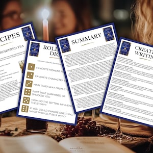 May include: Four printed sheets with text and a book club logo are arranged on a table. The sheets include recipes, discussion prompts, and creative writing prompts. A lit candle and wine glasses are in the background.