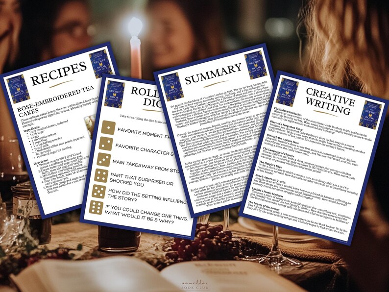 May include: Four printed sheets with text and a book club logo are arranged on a table. The sheets include recipes, discussion prompts, and creative writing prompts. A lit candle and wine glasses are in the background.