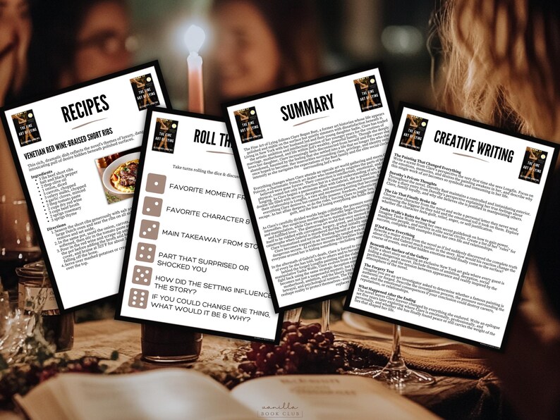 K&ouml;nnte beinhalten: Vier bedruckte Bl&auml;tter mit Text und Bildern sind auf einem Tisch angeordnet, mit einer brennenden Kerze im Hintergrund. Die Bl&auml;tter enthalten Rezepte, eine Zusammenfassung, kreative Schreibaufforderungen und ein Spiel. Der Text auf den Bl&auml;ttern ist auf Englisch.