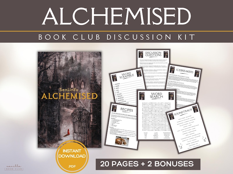 Puede incluir: Kit de discusi&oacute;n para club de lectura "ALCHEMISED" con portada g&oacute;tica. Incluye preguntas de debate, juegos de palabras, recetas y lista de banda sonora. Descarga instant&aacute;nea en PDF con 20 p&aacute;ginas y 2 extras.