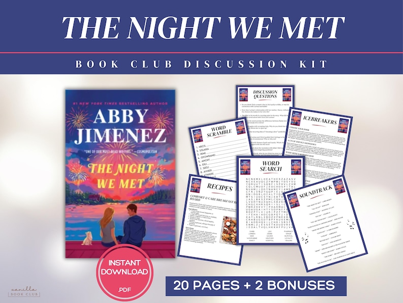 Guida al club del libro "La notte in cui ci siamo incontrati" Giochi per il club del libro Domande per la discussione del libro Kit per il club del libro di Abby Jimenez Attività Narrativa romantica Romanzo d'amore immagine 1