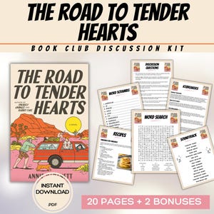 May include: A book club discussion kit titled "The Road to Tender Hearts" with a book cover illustration of a red car in a desert landscape. Includes discussion questions, word games, recipes, and a soundtrack. Instant PDF download.