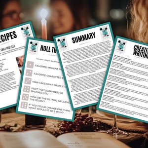 May include: Four teal-bordered cards with text on a table. The cards read "Recipes", "Roll the", "Summary", and "Creative Writing". The background includes wine glasses, a candle, and blurred figures.