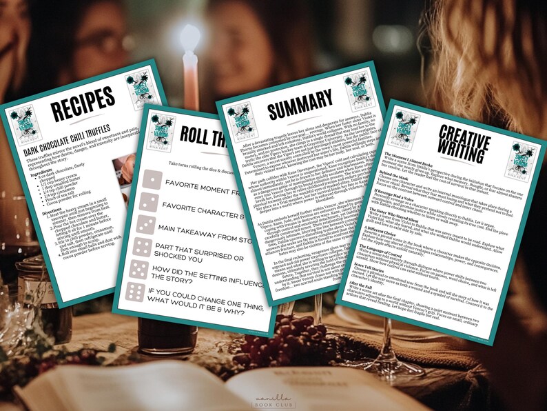 May include: Four teal-bordered cards with text on a table. The cards read "Recipes", "Roll the", "Summary", and "Creative Writing". The background includes wine glasses, a candle, and blurred figures.