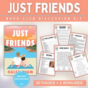 May include: A book club discussion kit titled "Just Friends" with a book cover featuring a couple on a beach. Includes discussion questions, word games, recipes, and a soundtrack. The kit is an instant PDF download.