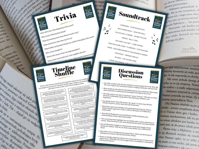 K&ouml;nnte beinhalten: Vier bedruckte Bl&auml;tter mit Text, darunter Quizfragen, eine Soundtrack-Liste, Diskussionsfragen und ein Zeitachsen-Shuffle, werden auf einem Tisch mit offenen B&uuml;chern im Hintergrund angezeigt. Die Bl&auml;tter haben einen tealfarbenen Rand und ein Logo.
