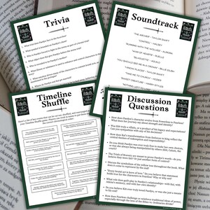 May include: A set of printable activity sheets for a book club, featuring a green and white color scheme. The sheets include trivia questions, a timeline shuffle game, a soundtrack list, and discussion questions. The title of the book is "Fearless" and is featured on each sheet.