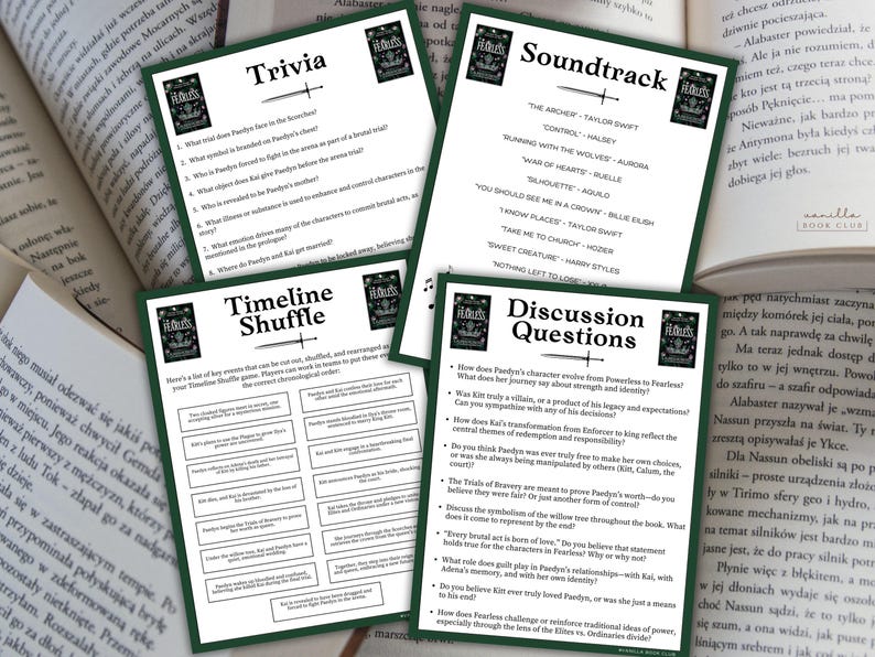 May include: A set of printable activity sheets for a book club, featuring a green and white color scheme. The sheets include trivia questions, a timeline shuffle game, a soundtrack list, and discussion questions. The title of the book is "Fearless" and is featured on each sheet.