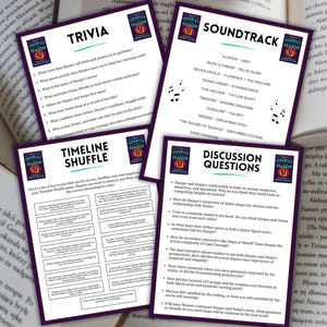 May include: Four purple cards with text on a table, next to open books. The cards are labeled "Trivia", "Soundtrack", "Timeline Shuffle", and "Discussion Questions". The cards have a logo that says "Tourist Season".