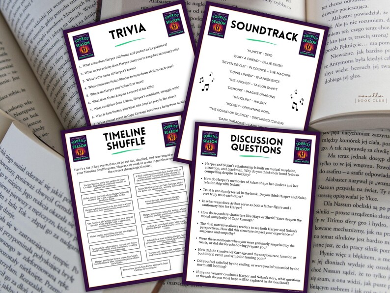 May include: Four purple cards with text on a table, next to open books. The cards are labeled "Trivia", "Soundtrack", "Timeline Shuffle", and "Discussion Questions". The cards have a logo that says "Tourist Season".