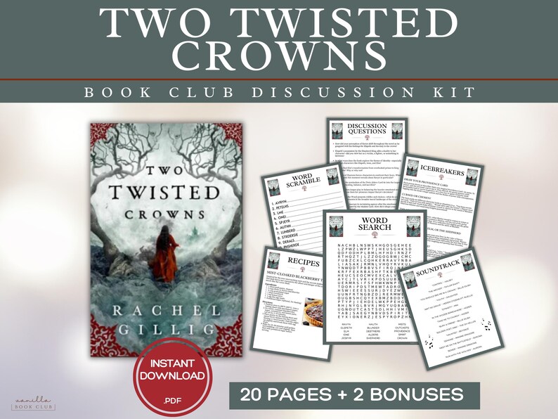 May include: A book club discussion kit for "Two Twisted Crowns" by Rachel Gillig. The image features the book cover, discussion questions, word searches, recipes, and other materials. The kit includes 20 pages plus 2 bonuses, available as an instant PDF download.
