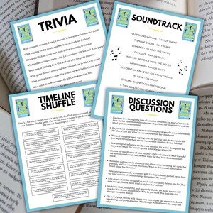May include: Four printed cards with text and a book cover image are displayed on a book. The cards are labeled "Trivia", "Timeline Shuffle", "Soundtrack", and "Discussion Questions". The cards are light blue with white text.