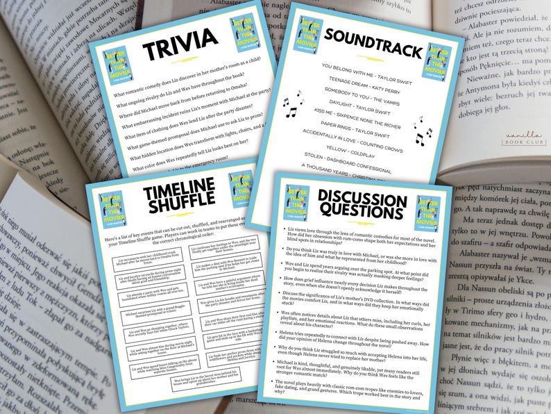 May include: Four printed cards with text and a book cover image are displayed on a book. The cards are labeled "Trivia", "Timeline Shuffle", "Soundtrack", and "Discussion Questions". The cards are light blue with white text.
