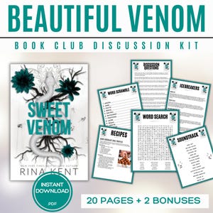 May include: A book club discussion kit titled "Beautiful Venom" with a book cover featuring a snake and the title "Sweet Venom." Includes discussion questions, word games, recipes, and a soundtrack. The kit contains 20 pages plus 2 bonuses, available as an instant PDF download.