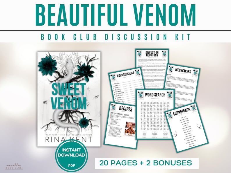 May include: A book club discussion kit titled "Beautiful Venom" with a book cover featuring a snake and the title "Sweet Venom." Includes discussion questions, word games, recipes, and a soundtrack. The kit contains 20 pages plus 2 bonuses, available as an instant PDF download.