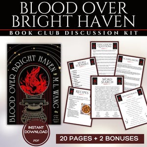 Könnte beinhalten: Diskussions-Kit für den Buchclub "Blood Over Bright Haven" mit einem Buchcover mit roter Flamme. Enthält Diskussionsfragen, Wortspiele, Rezepte und eine Soundtrack-Liste. Sofortiger PDF-Download.