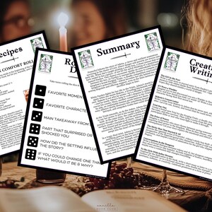 May include: Four black and white printed sheets with text and graphics are arranged on a table with a book and wine glasses. The sheets have titles like "Recipes" and "Summary". A lit candle is in the background.