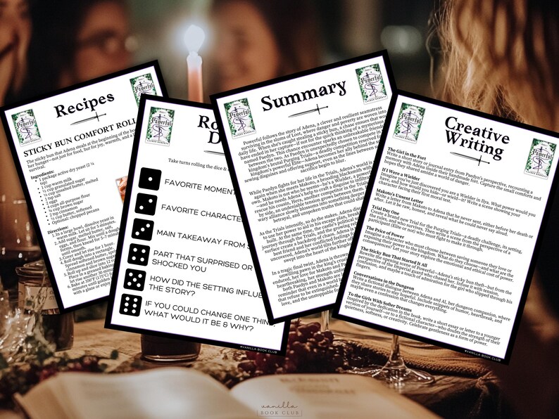 May include: Four black and white printed sheets with text and graphics are arranged on a table with a book and wine glasses. The sheets have titles like "Recipes" and "Summary". A lit candle is in the background.