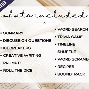 May include: A graphic with the text "whats included" and a list of activities for a book club, including a summary, discussion questions, and word search. The image is set against a backdrop of open books.