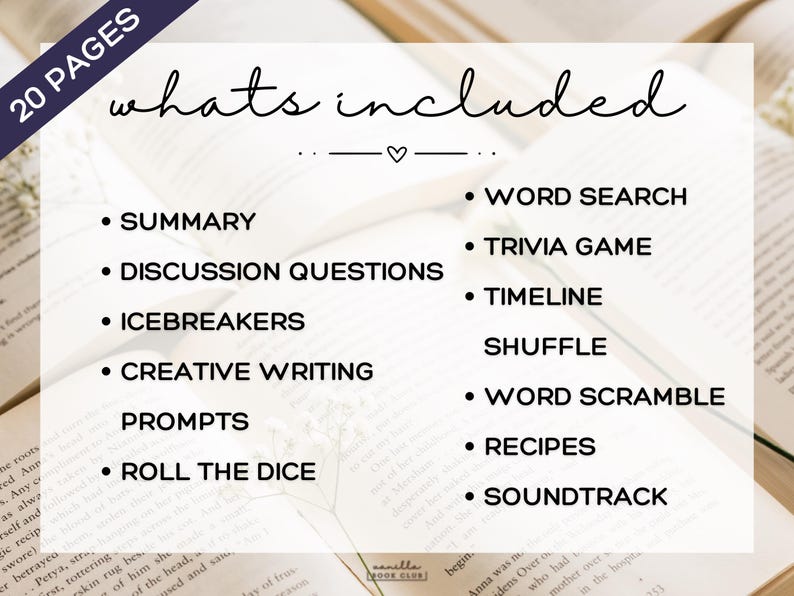 May include: A graphic with the text "whats included" and a list of activities for a book club, including a summary, discussion questions, and word search. The image is set against a backdrop of open books.