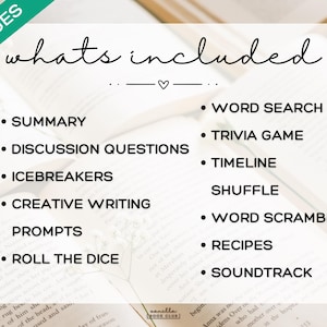 May include: A white graphic on a book background lists "whats included" in a book club kit. The list includes summary, discussion questions, icebreakers, creative writing prompts, and roll the dice.
