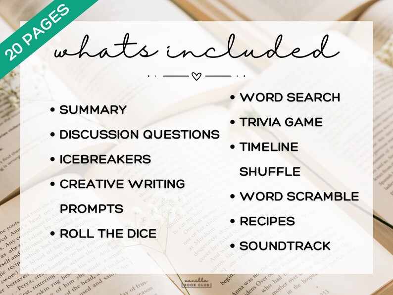 May include: A white graphic on a book background lists "whats included" in a book club kit. The list includes summary, discussion questions, icebreakers, creative writing prompts, and roll the dice.