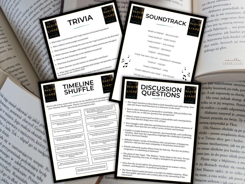 以下が含まれることがあります： 「Trivia」、「Timeline Shuffle」、「Soundtrack」、「Discussion Questions」などのテキストが書かれた4枚の白黒カードが、背景に開いた本のあるテーブルに表示されています。カードは「Party Liars」というゲーム用です。