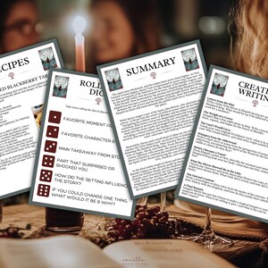 May include: Four printed sheets with text and graphics are arranged on a table. The sheets include recipes, a summary, creative writing prompts, and a roll dice game. The sheets have a dark border and a book cover image in the upper right corner.