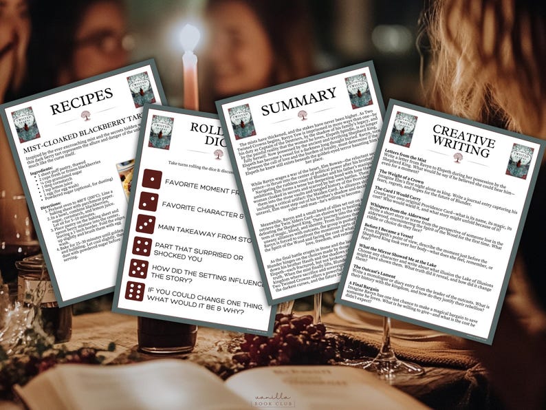 May include: Four printed sheets with text and graphics are arranged on a table. The sheets include recipes, a summary, creative writing prompts, and a roll dice game. The sheets have a dark border and a book cover image in the upper right corner.