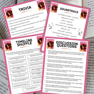 May include: Four pink cards with text and images are displayed, with open books in the background. The cards include trivia questions, a timeline, a soundtrack list, and discussion questions related to a book.