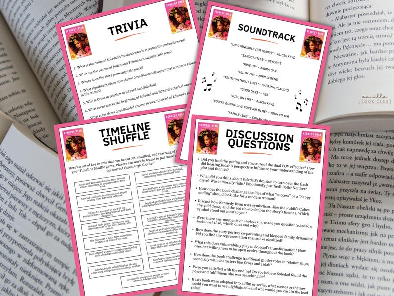 May include: Four pink cards with text and images are displayed, with open books in the background. The cards include trivia questions, a timeline, a soundtrack list, and discussion questions related to a book.