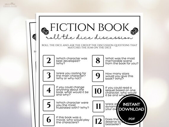 Book Club Games Roll the Dice Fiction Book Discussion Questions Game Book Club Ice Breaker Games Ladies Night Game Girls Night Game Activity