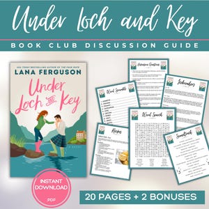 以下が含まれることがあります： ラナ・ファーガソンによる小説「アンダー・ロック・アンド・キー」の読書会ディスカッションガイド。ガイドには、ディスカッションの質問、単語検索、単語スクランブル、レシピ、その他の活動が含まれています。本の表紙には、湖の岩の上に立っているカップルが描かれています。