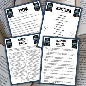 May include: Four printed cards with text and a book cover image, including "Trivia," "Timeline Shuffle," "Soundtrack," and "Discussion Questions." The cards are for a book club.