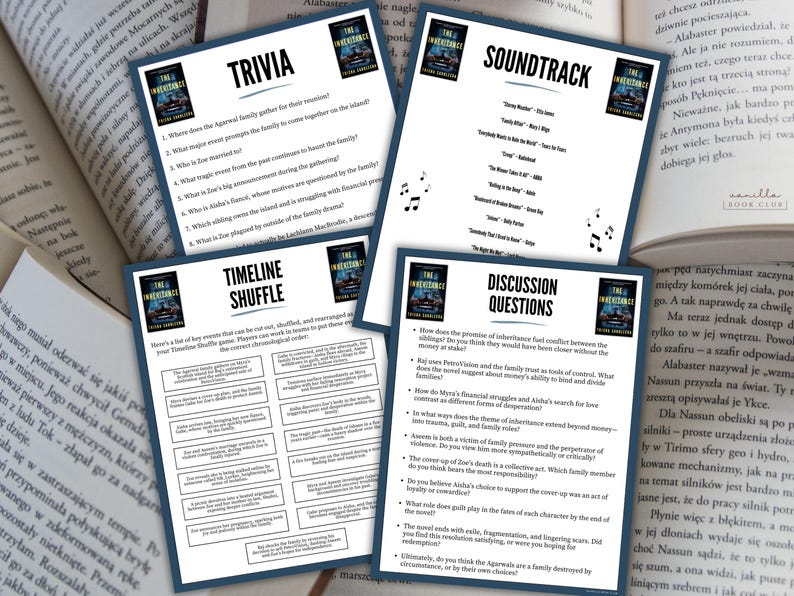 May include: Four printed cards with text and a book cover image, including "Trivia," "Timeline Shuffle," "Soundtrack," and "Discussion Questions." The cards are for a book club.