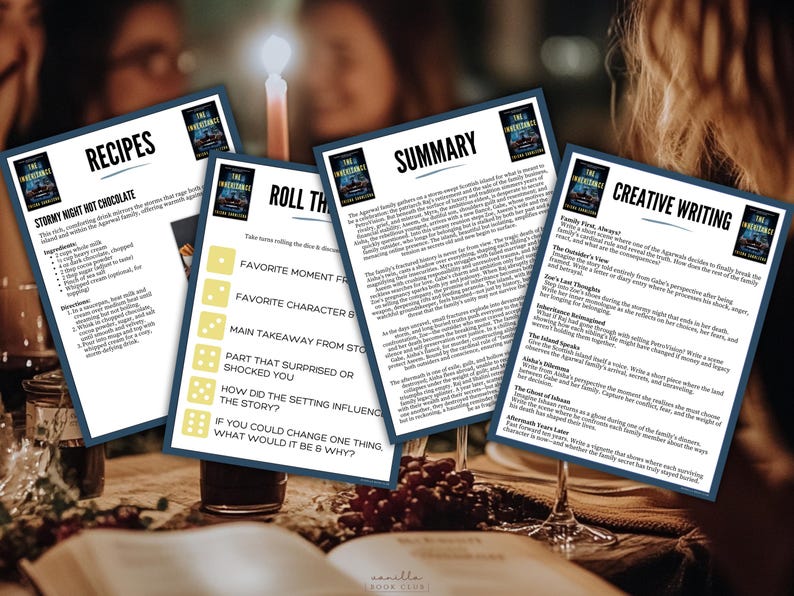 May include: Four printed cards with text and book covers are displayed on a table with wine glasses and a candle. The cards include recipes, a summary, creative writing prompts, and discussion questions. The book cover features a dark blue background with white text.