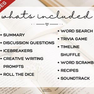 May include: Image of a book club resource with a list of included activities, such as a summary, discussion questions, and word search. The text "20 pages" is in the upper left corner.