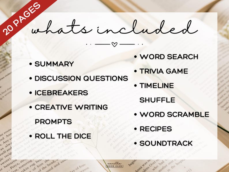 May include: Image of a book club resource with a list of included activities, such as a summary, discussion questions, and word search. The text "20 pages" is in the upper left corner.