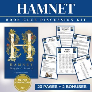 May include: A book club discussion kit for "Hamnet" by Maggie O'Farrell. The kit includes a book cover with a gold "H" and floral design, plus discussion questions, word games, recipes, and a soundtrack. The kit is an instant PDF download.